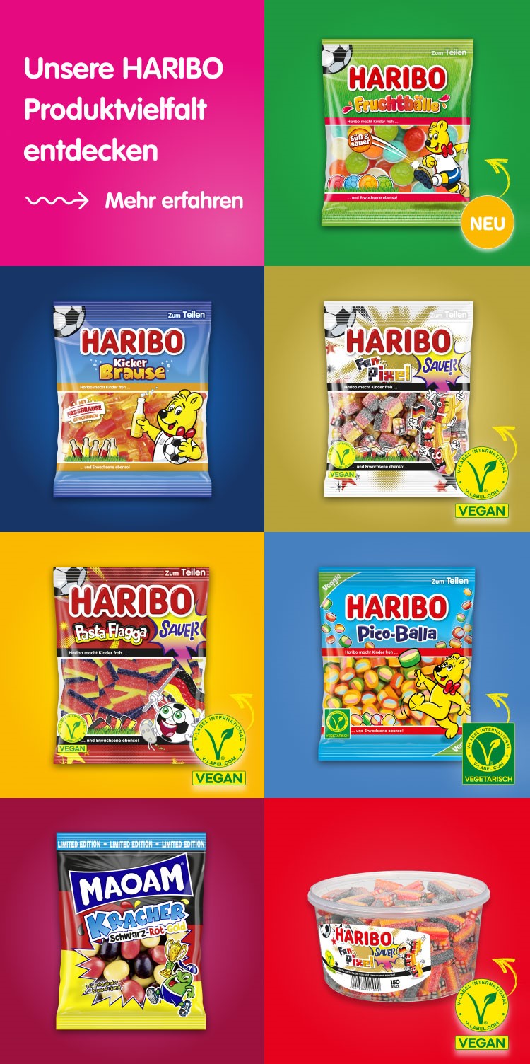 Unsere HARIBO Produktvielfalt entdecken; MAOAM Kracher Schwarz-Rot-Gold, HARIBO Fan-Pixel Sauer, HARIBO Kicker-Brause,HARIBO Pico-Balla, HARIBO Fruchtbälle (neu), HARIBO Pasta Flagga Sauer